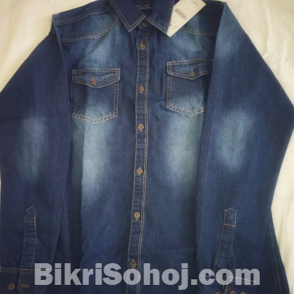 Navy Blue Denim Long Sleeve Casual Shirt for Men - UPF